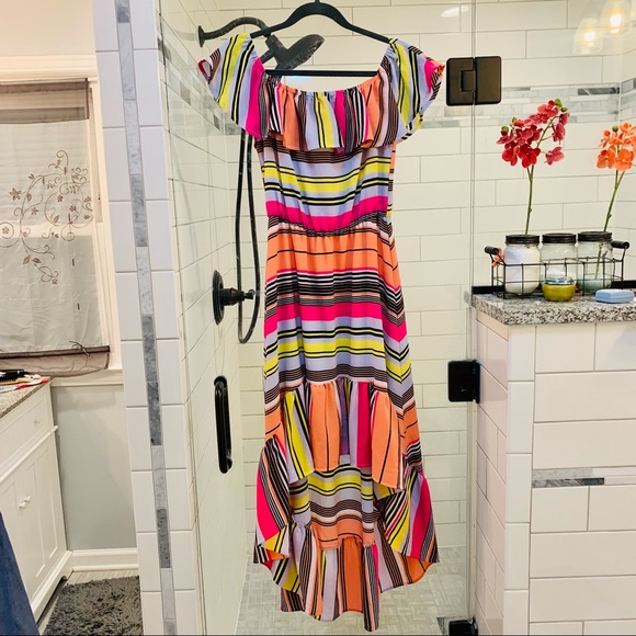 Bright Colorful On/Off Shoulder Party Dress with Ruffled Hem Sz. M - Picture 4 of 16